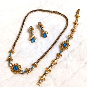 Vintage 1950's Clear & Aqua Rhinestone Choker, Bracelet and Clip Earrings